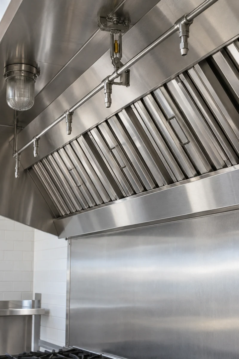 Fire suppression nozzles and baffle filters inside an existing restaurant hood in Culver City, CA
