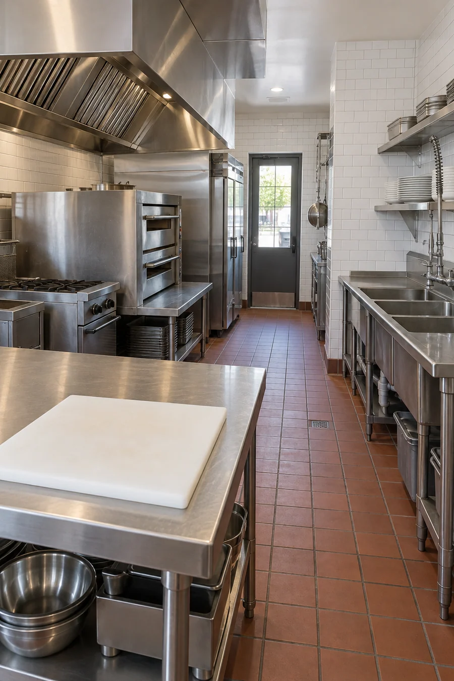 Refreshed second-generation restaurant kitchen in Culver City, CA with an existing hood over a rearranged line
