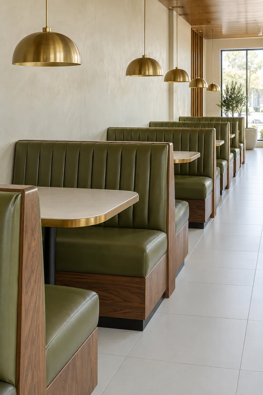 New booth seating and pendant lights in a remodeled family restaurant in Downey, CA