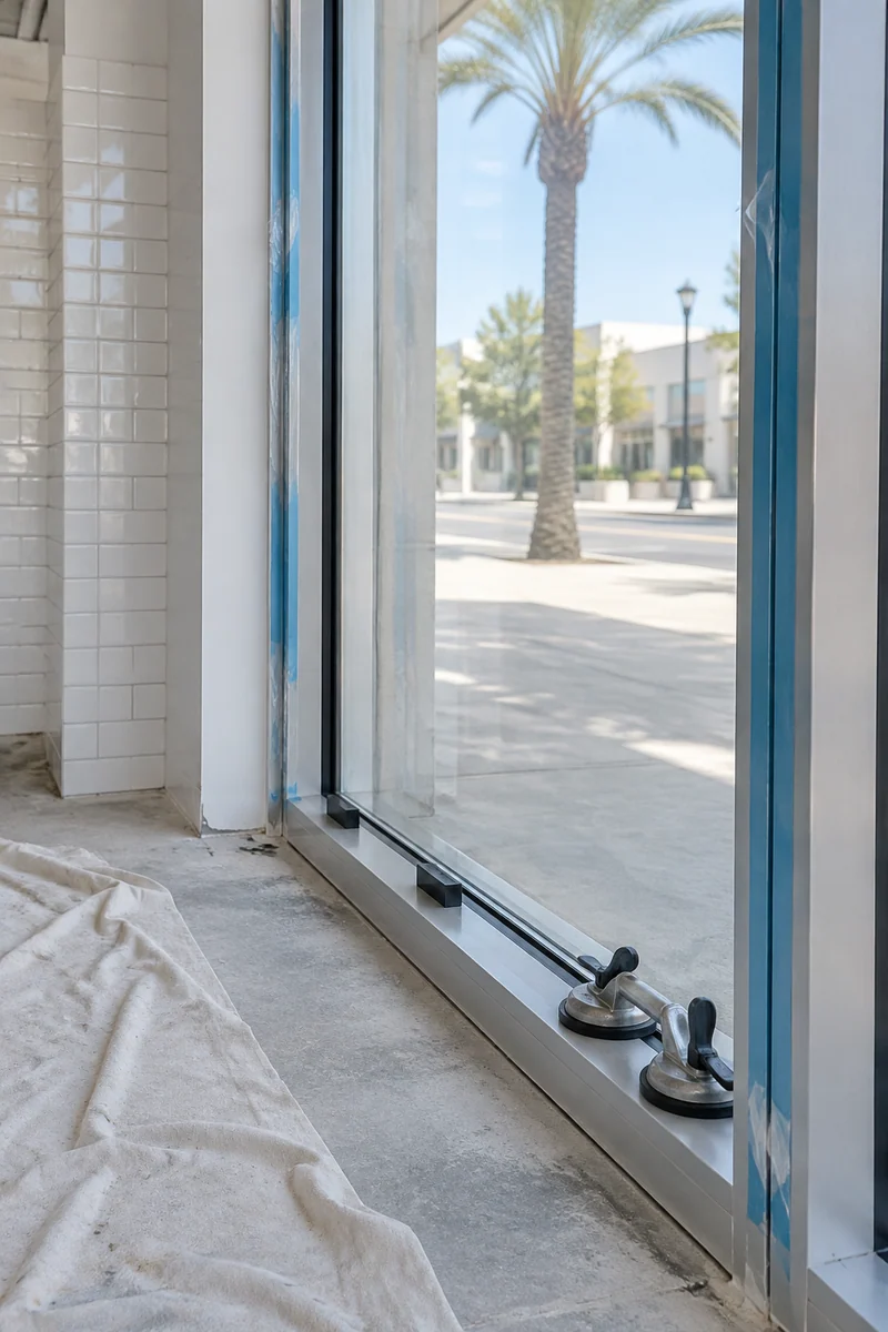 New storefront glass being set in aluminum frames at a restaurant remodel in Downey, CA