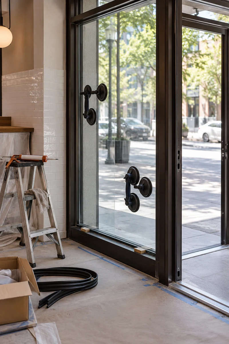 New storefront glass panel being set in an aluminum frame at an East Los Angeles restaurant entry