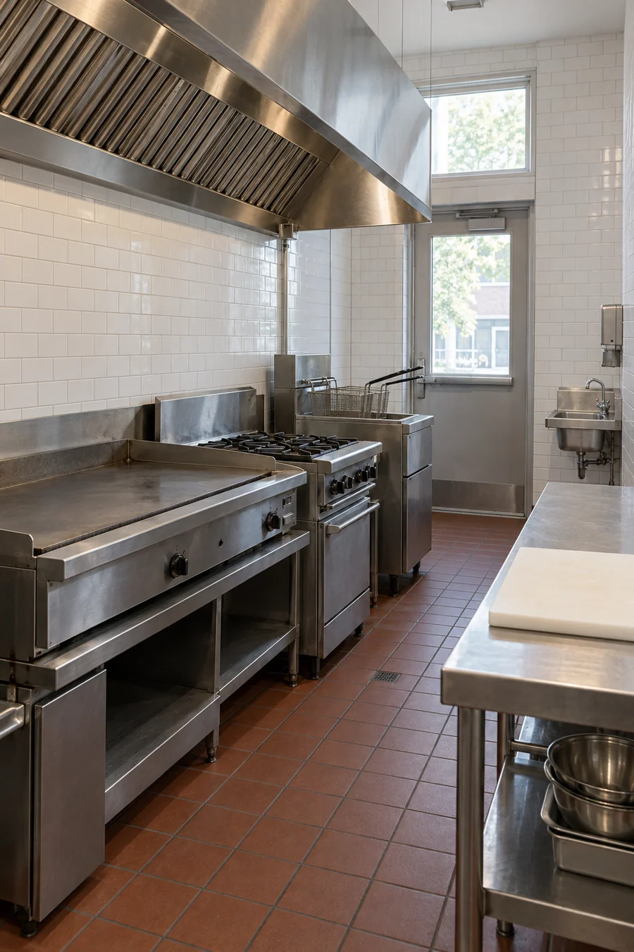 Rebuilt kitchen line with a new hood and quarry tile floor in an East Los Angeles street-front restaurant