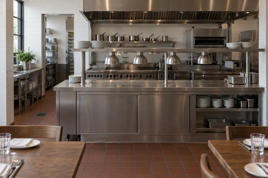 Full-service restaurant kitchen line with a stainless expo pass opening to the dining room in Los Angeles