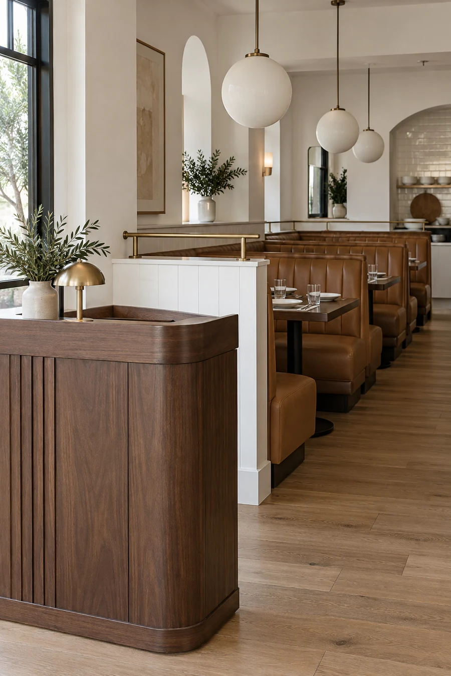 New booths, a host stand and pendant lighting in a remodeled Glendale restaurant dining room