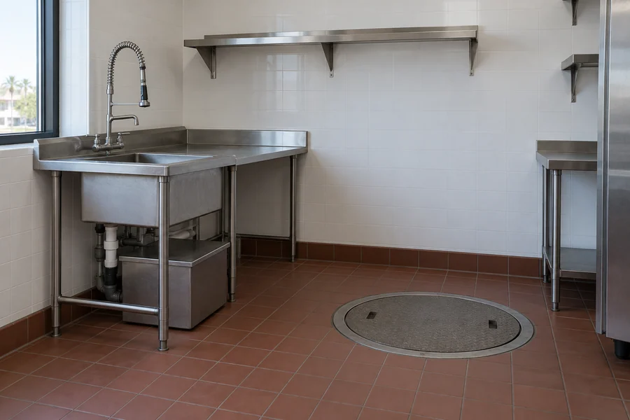 Small stainless grease trap under a prep sink next to a flush floor lid for a larger interceptor