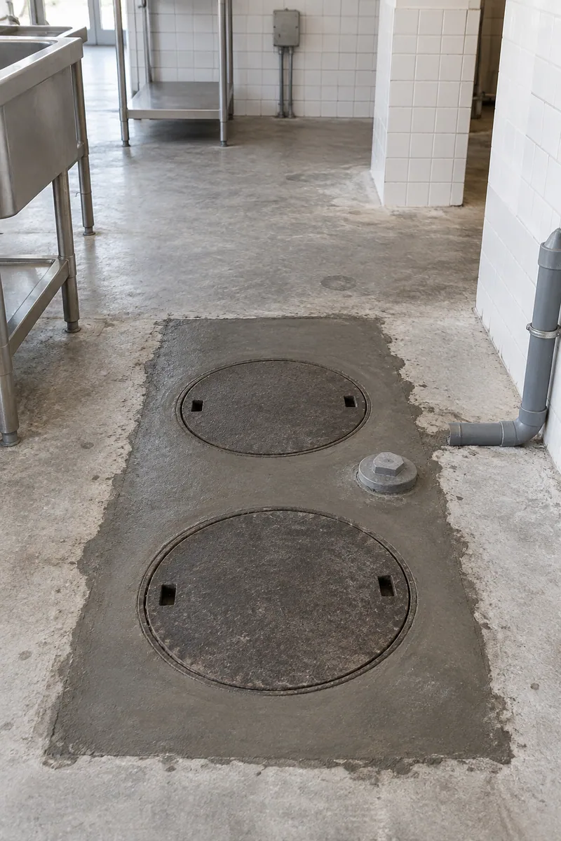 New grease interceptor access lids set in a fresh concrete slab during an Inglewood restaurant build-out