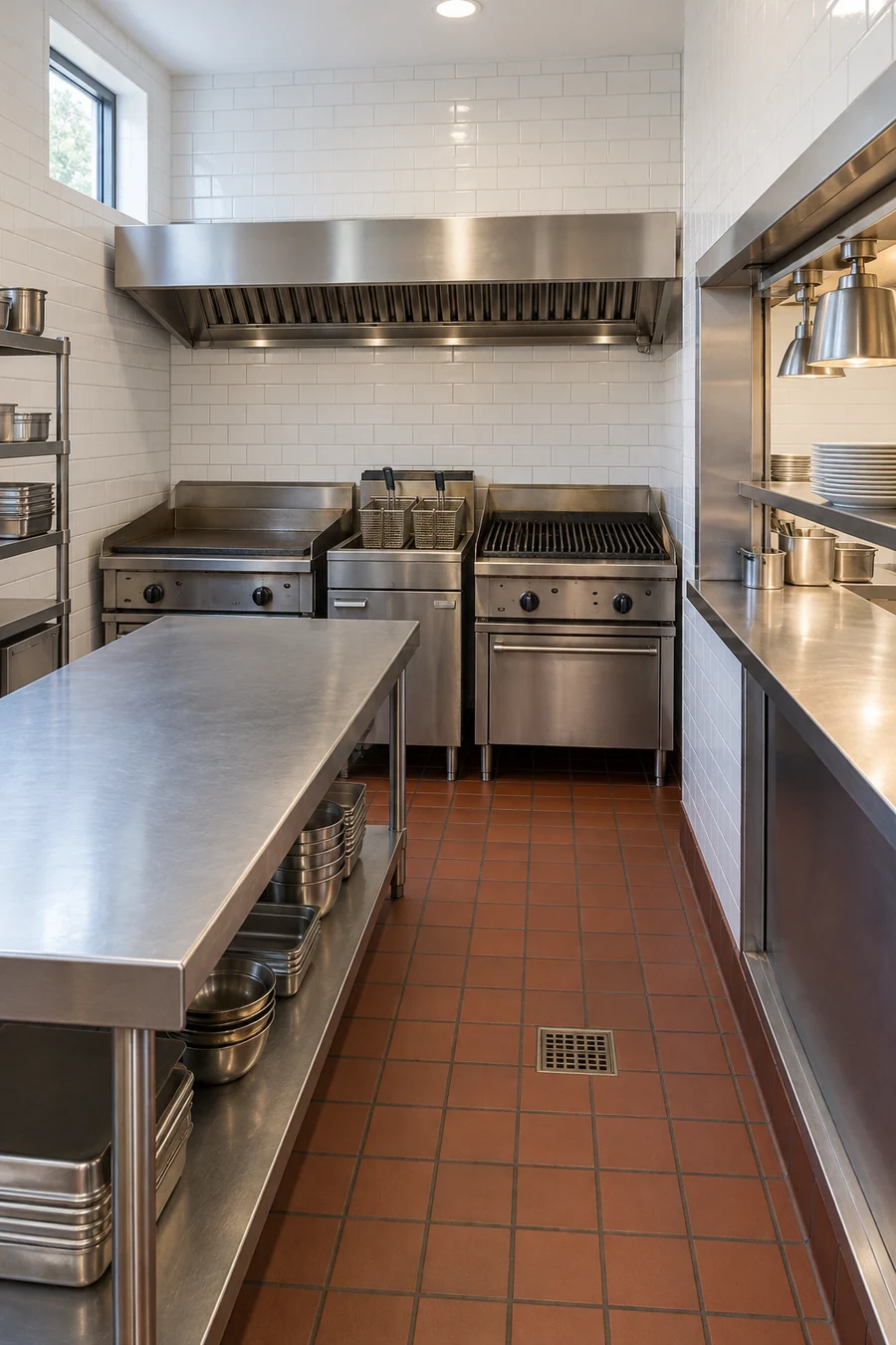 Finished takeout kitchen line under a stainless hood in an Inglewood counter-service restaurant