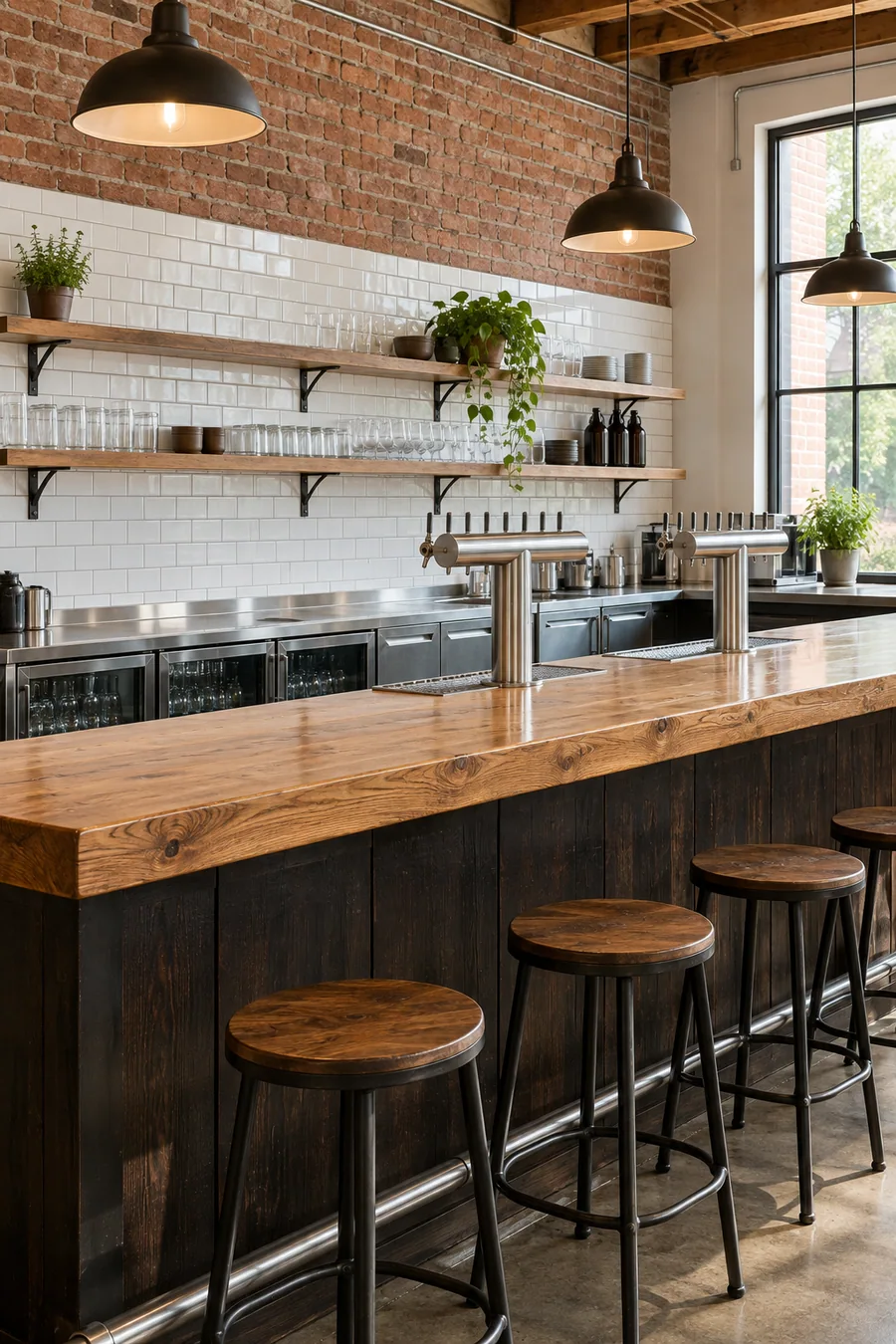 Rebuilt brewpub bar against exposed brick in a Long Beach restaurant