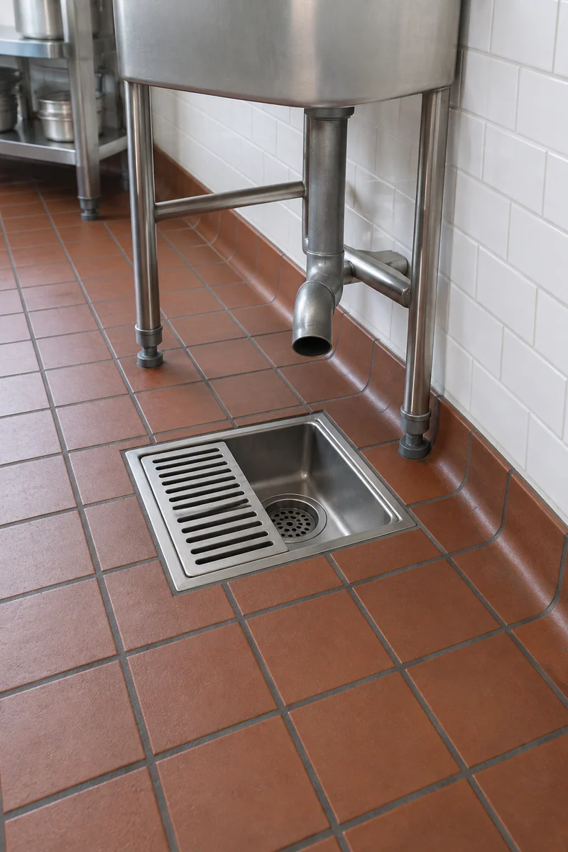 Stainless floor sink set in new quarry tile with a coved base during a Long Beach restaurant kitchen remodel
