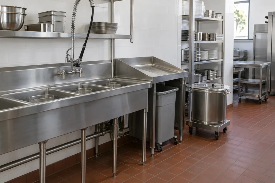 Clean restaurant kitchen sink area with a strainer basket and a scraped pan rack, ready for a grease inspection