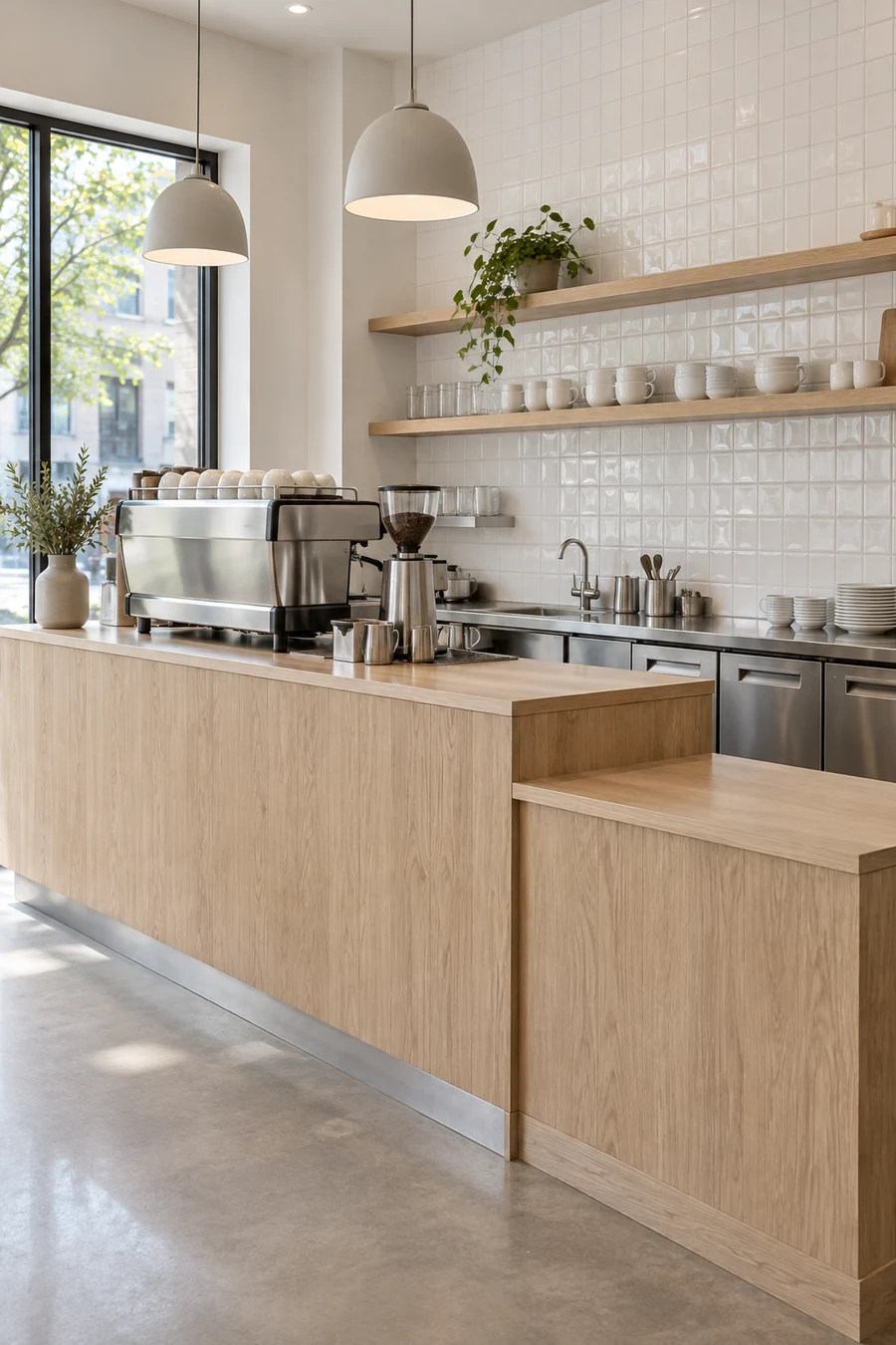 Finished café counter with a stainless espresso station and white tile wall in a Manhattan Beach storefront