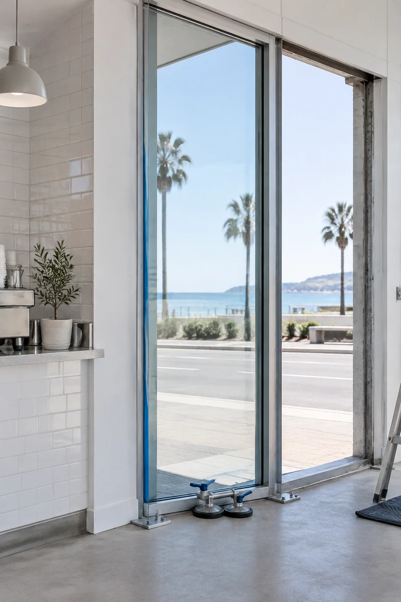 New aluminum storefront frame and glass panel being set during a Manhattan Beach café remodel