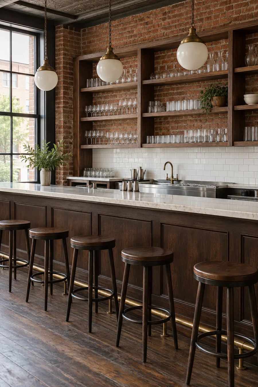 Rebuilt bar and back bar against exposed brick in a Pasadena restaurant, finished and ready for opening