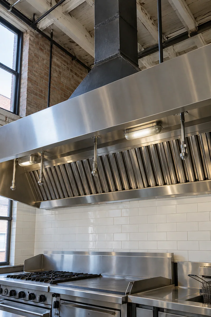New Type I hood with fire suppression nozzles over a cook line in a Pasadena restaurant kitchen remodel