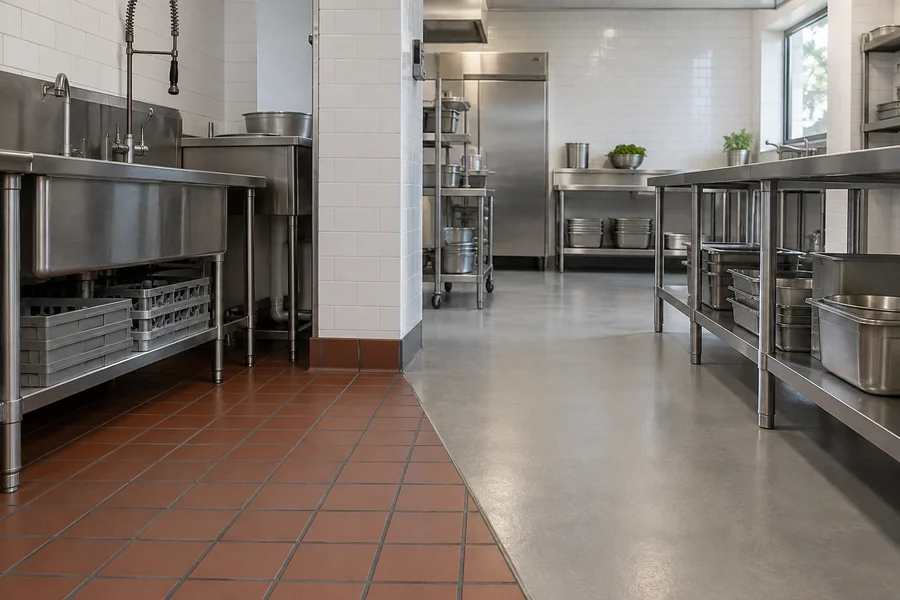 Quarry tile floor meeting a grey urethane cement floor at a flush transition in a restaurant kitchen
