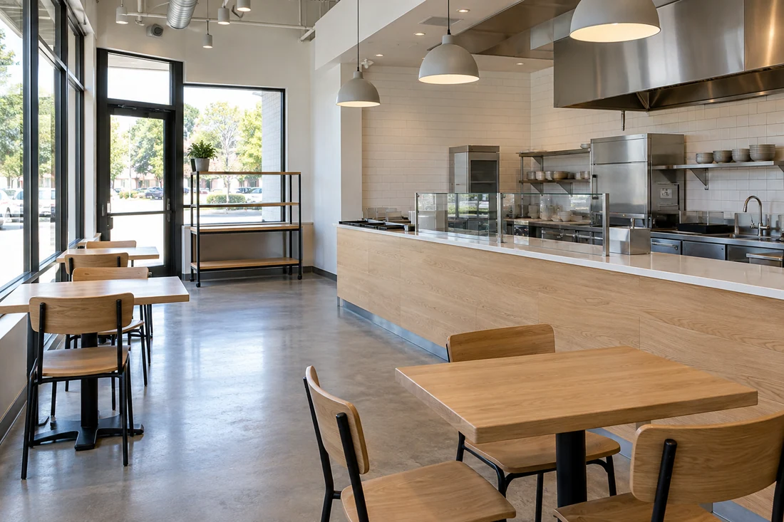 Fast-casual restaurant with an order counter, a separate pickup shelf and simple seating