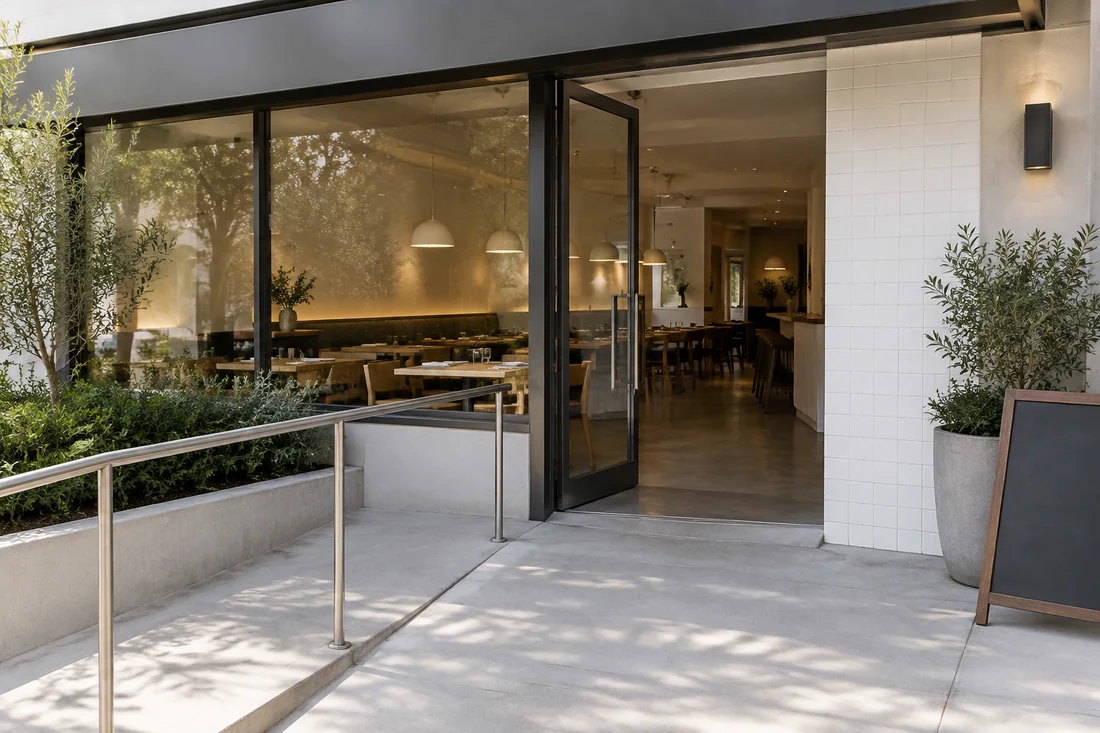 Accessible restaurant entrance with a level landing, a gentle walkway slope and a wide glass door