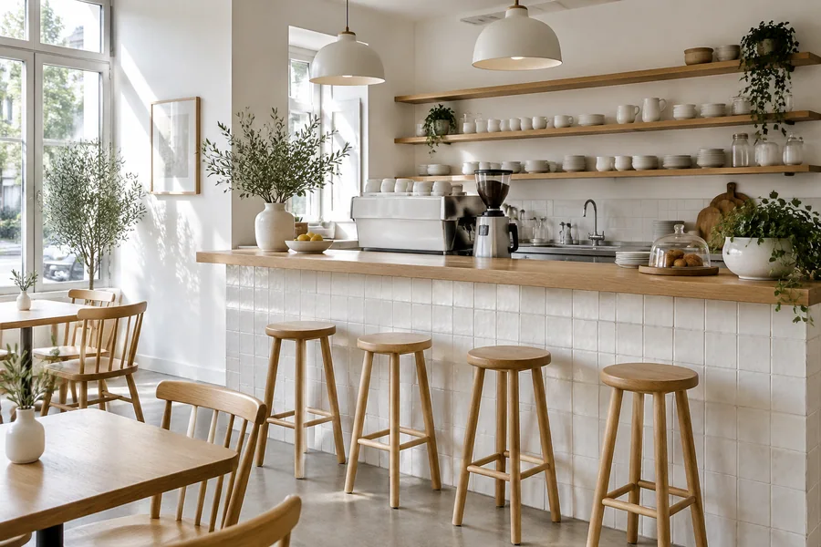 Bright café counter in white tile and light oak with simple stools