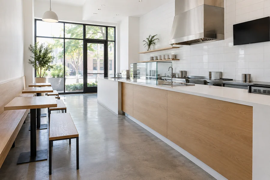 Fast-casual restaurant with a clean order counter and simple seating