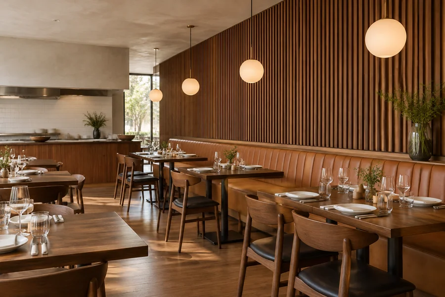 Warm wood restaurant dining room with a long banquette and soft pendant lights