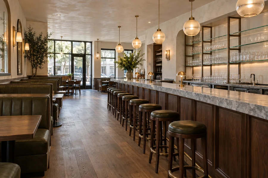Remodeled restaurant dining room and walnut bar with pendant lights and upholstered booths in Los Angeles