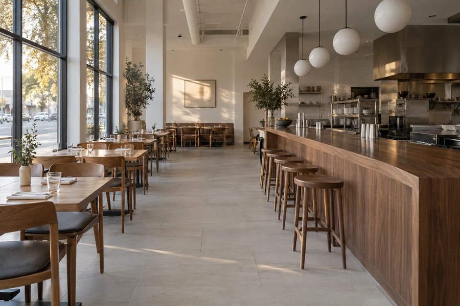Empty Los Angeles restaurant dining room with new pale porcelain flooring leading to a wood bar