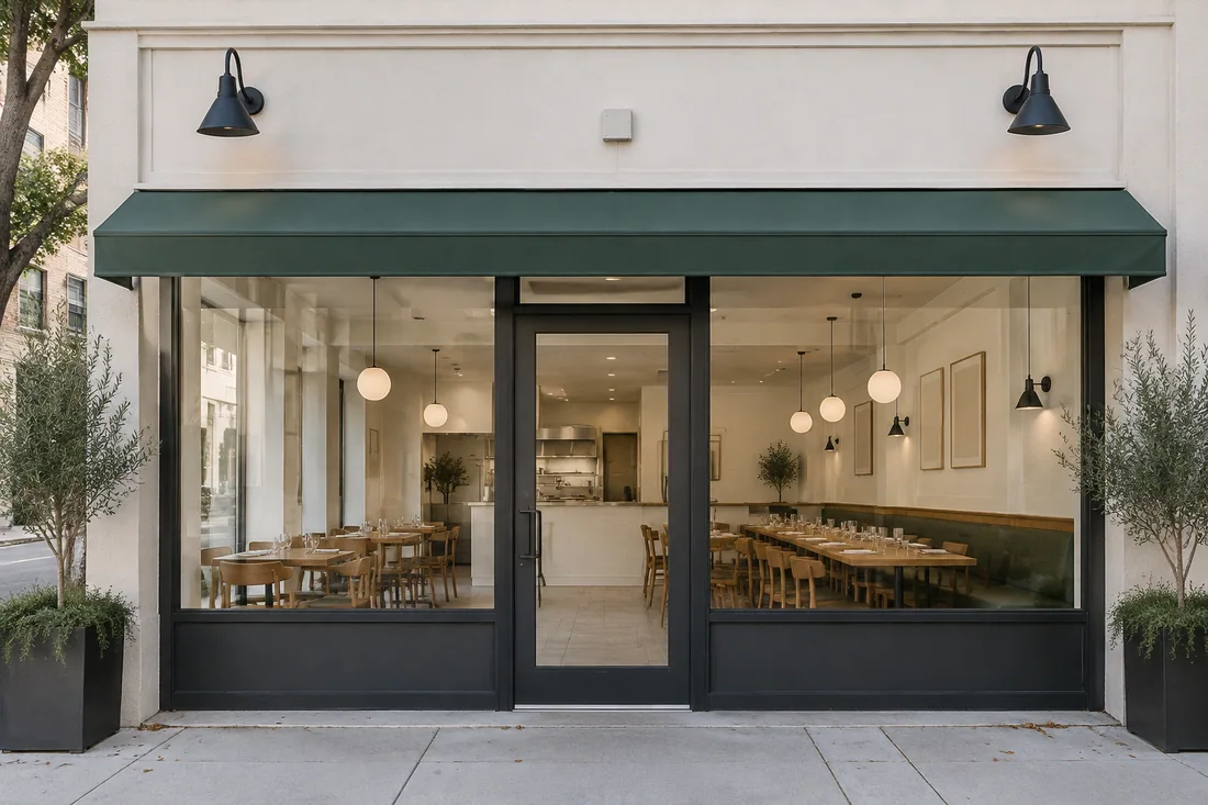 Restaurant facade with a blank sign band and wall sconces above a new storefront, ready for a sign