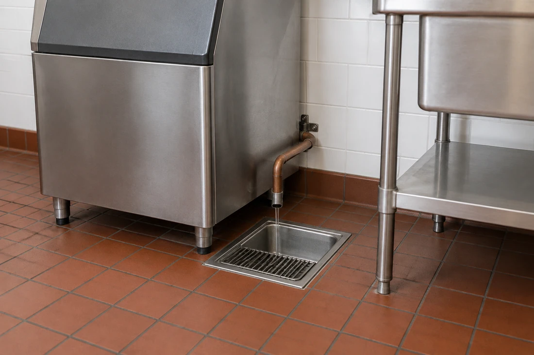 Stainless floor sink set flush in a quarry tile floor beneath an ice machine drain line with an air gap