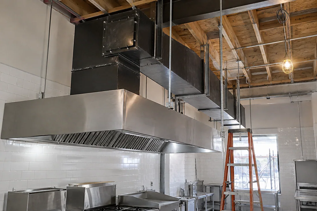 Welded steel grease duct running through an open restaurant ceiling with an access door at a turn