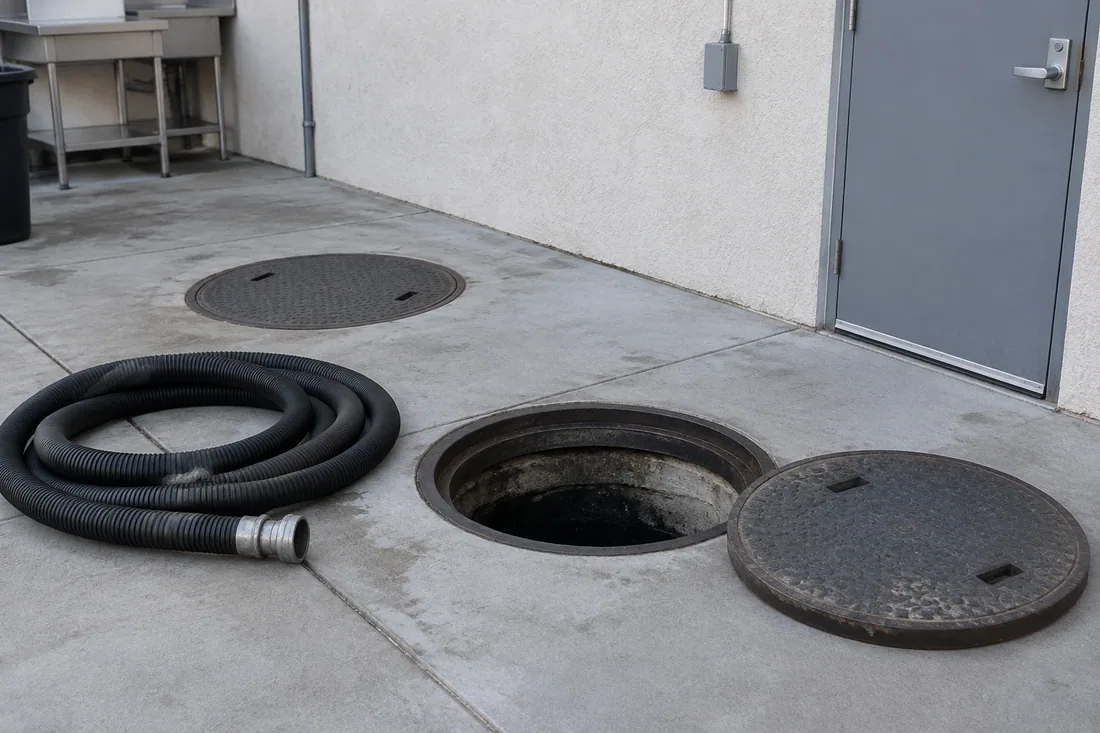 Open grease interceptor riser with its lid set aside and a coiled suction hose ready for pumping
