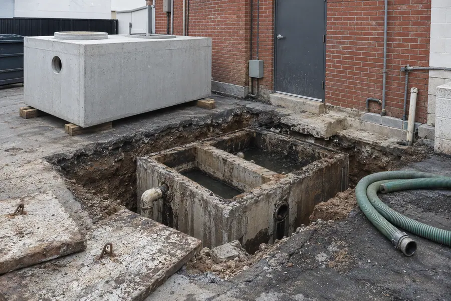 Old corroded grease interceptor being replaced in an open pit behind a restaurant, with the new tank waiting nearby