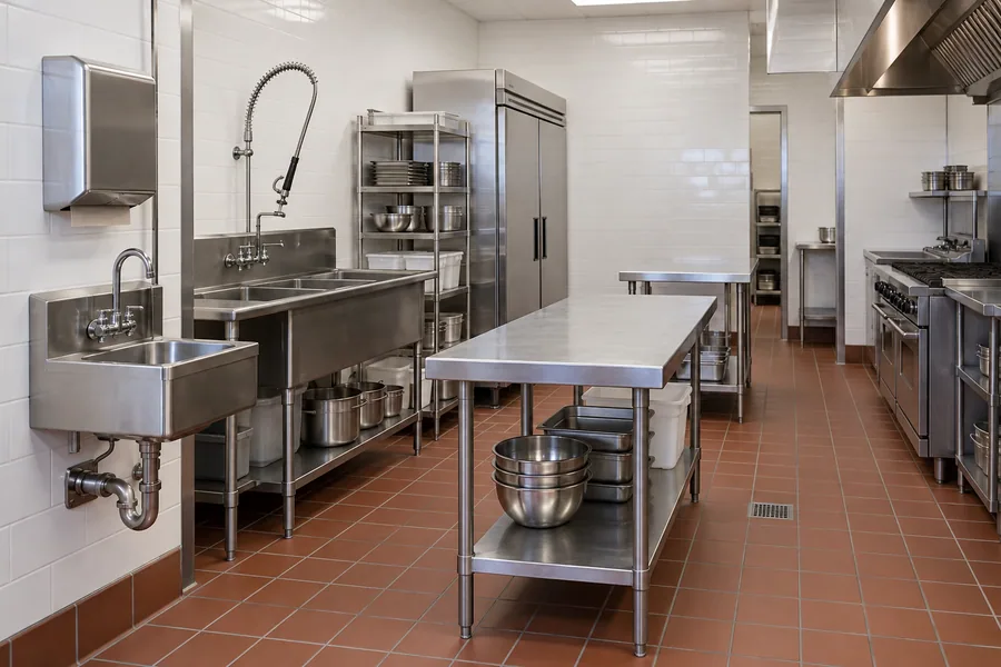 Clean restaurant kitchen with hand sink, prep sink and coved floors, ready for a health department inspection