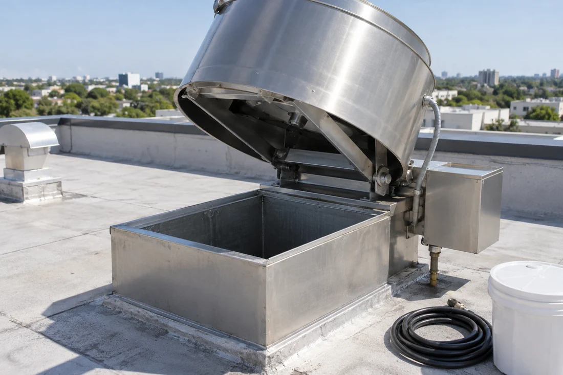 Upblast exhaust fan tilted open on its hinge kit for hood and duct cleaning on a restaurant roof