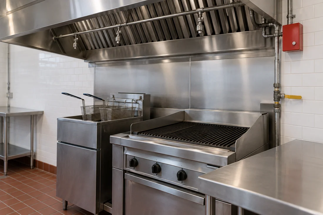 Fire suppression nozzles above a cook line and a manual pull station beside the hood in a restaurant kitchen
