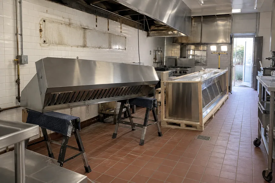 Older restaurant hood taken down in a second-generation kitchen, with a longer new hood waiting on the floor