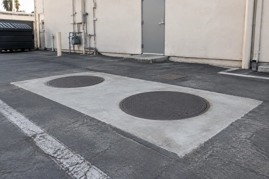 Two traffic-rated cast iron grease interceptor lids set flush in fresh concrete in a restaurant parking area