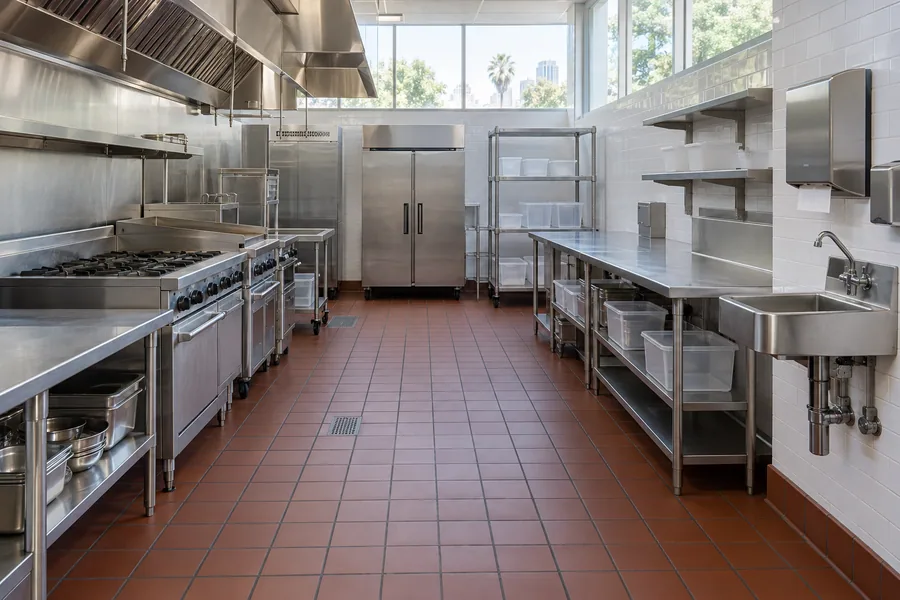 Spotless empty Los Angeles restaurant kitchen with a dry tile floor, coved base and floor sinks before inspection