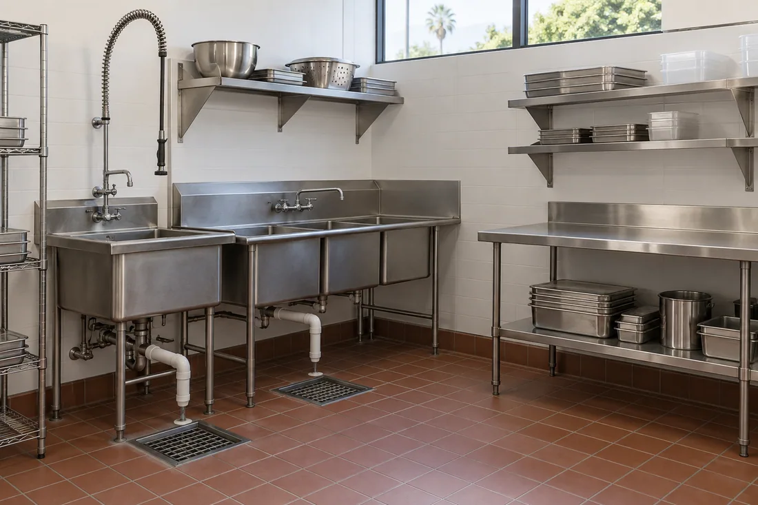 Restaurant dish area with a pre-rinse sink, a three-compartment sink and two floor sinks that all drain to the interceptor