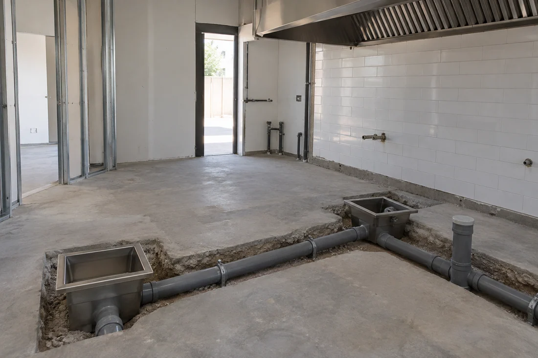 Open floor trench in a restaurant kitchen with new grey grease waste piping, a cleanout and floor sink bodies