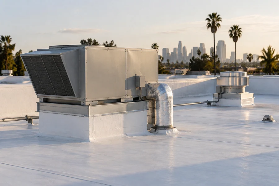 Rooftop makeup air unit and supply duct above a small Los Angeles restaurant