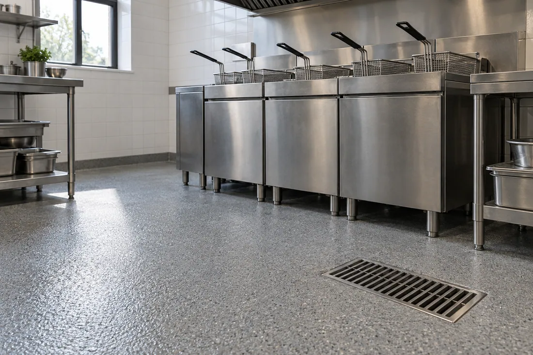 Textured slip-resistant floor finish in front of stainless fryers in an empty restaurant kitchen