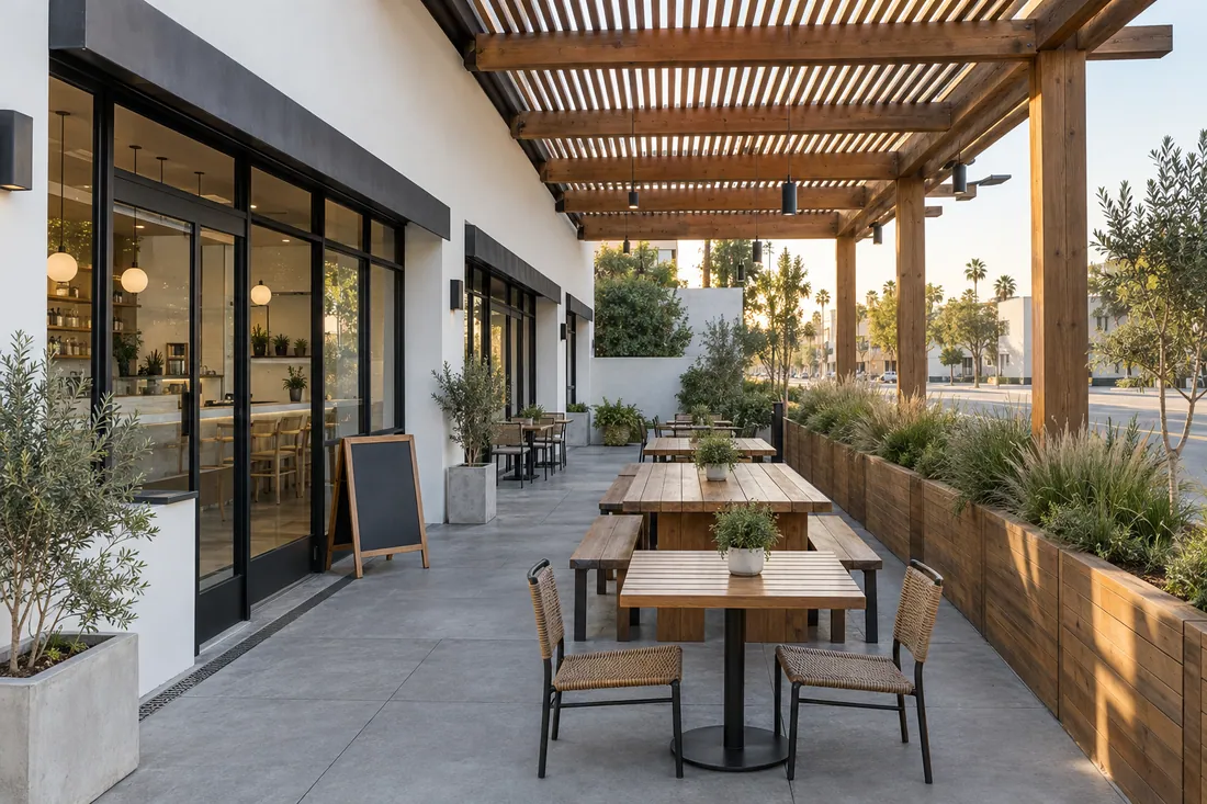 Outdoor dining patio on a private restaurant lot with pavers, planters and a timber shade structure