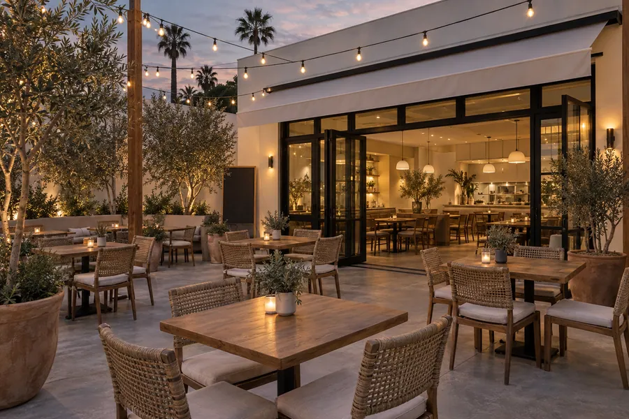 Restaurant courtyard patio in Los Angeles with string lights, wood tables and potted olive trees at dusk