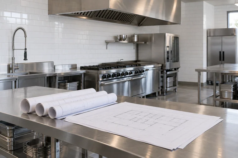 Rolled and flat permit drawing sets on a stainless prep table during restaurant plan check
