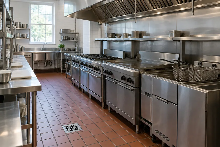 New quarry tile floor with dark epoxy grout in front of a stainless cook line in an empty restaurant kitchen