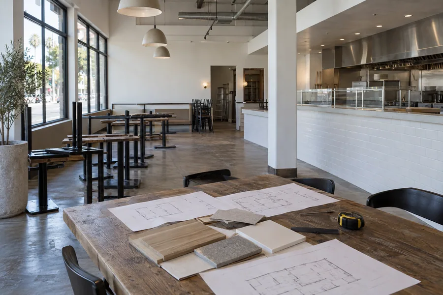 Empty Los Angeles restaurant with floor plans and finish samples laid out for a remodel estimate