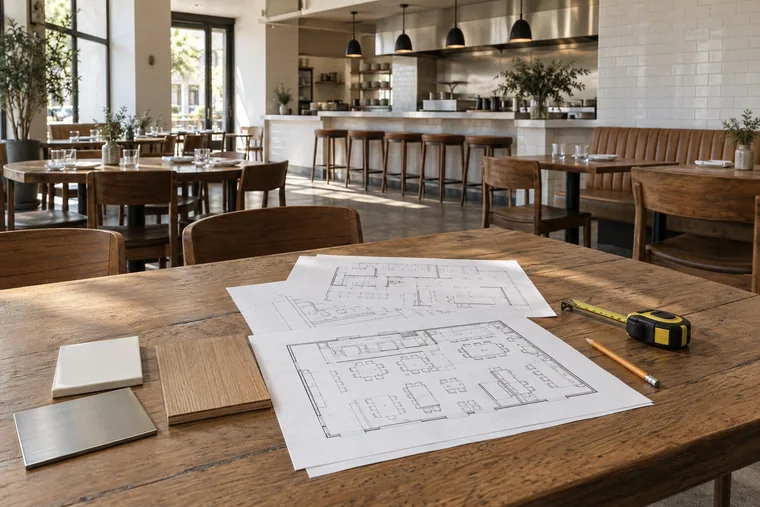 Restaurant floor plan drawings and finish samples on a dining table during the design phase