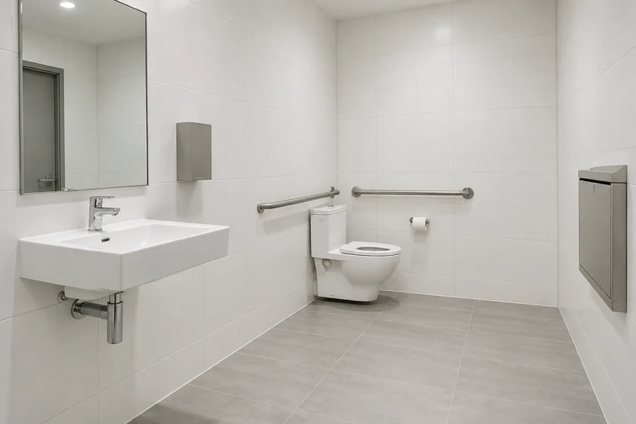 Accessible restaurant restroom with grab bars, a wall-hung sink and white tile walls