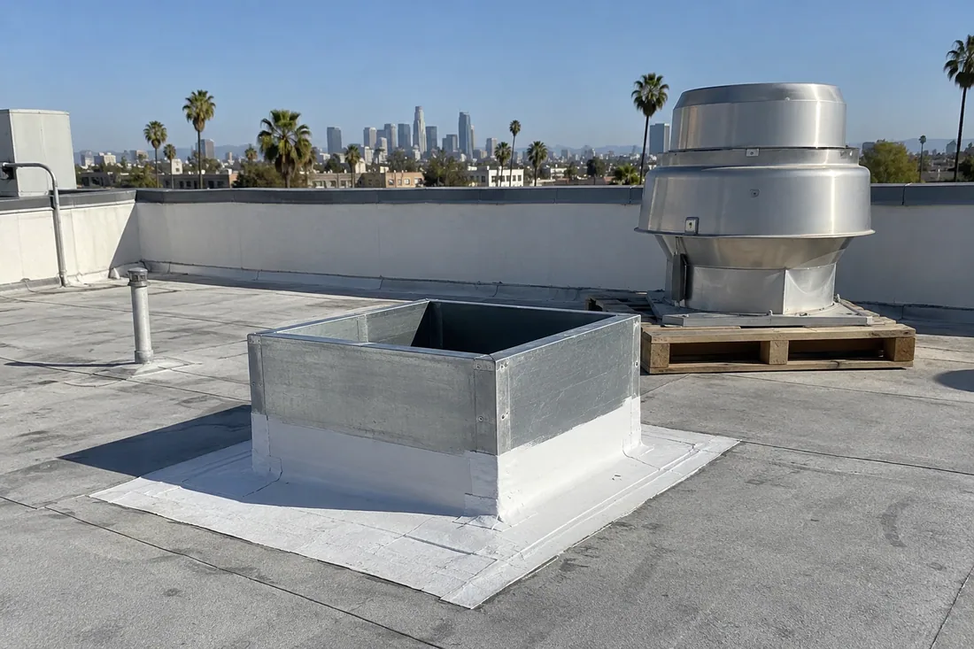 New roof curb flashed into a restaurant roof, ready for the kitchen exhaust fan