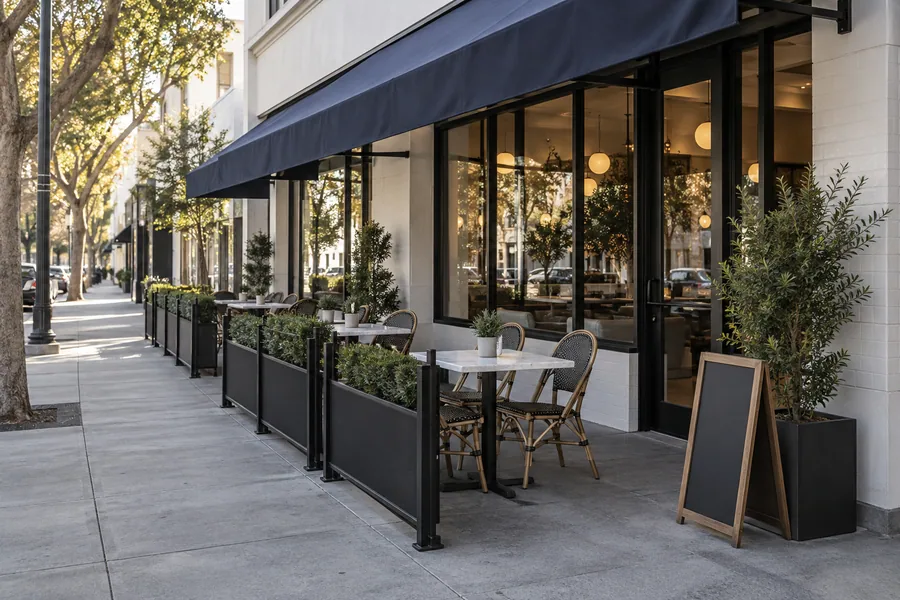 Sidewalk dining tables behind low movable barriers under a plain canvas awning outside a Los Angeles restaurant